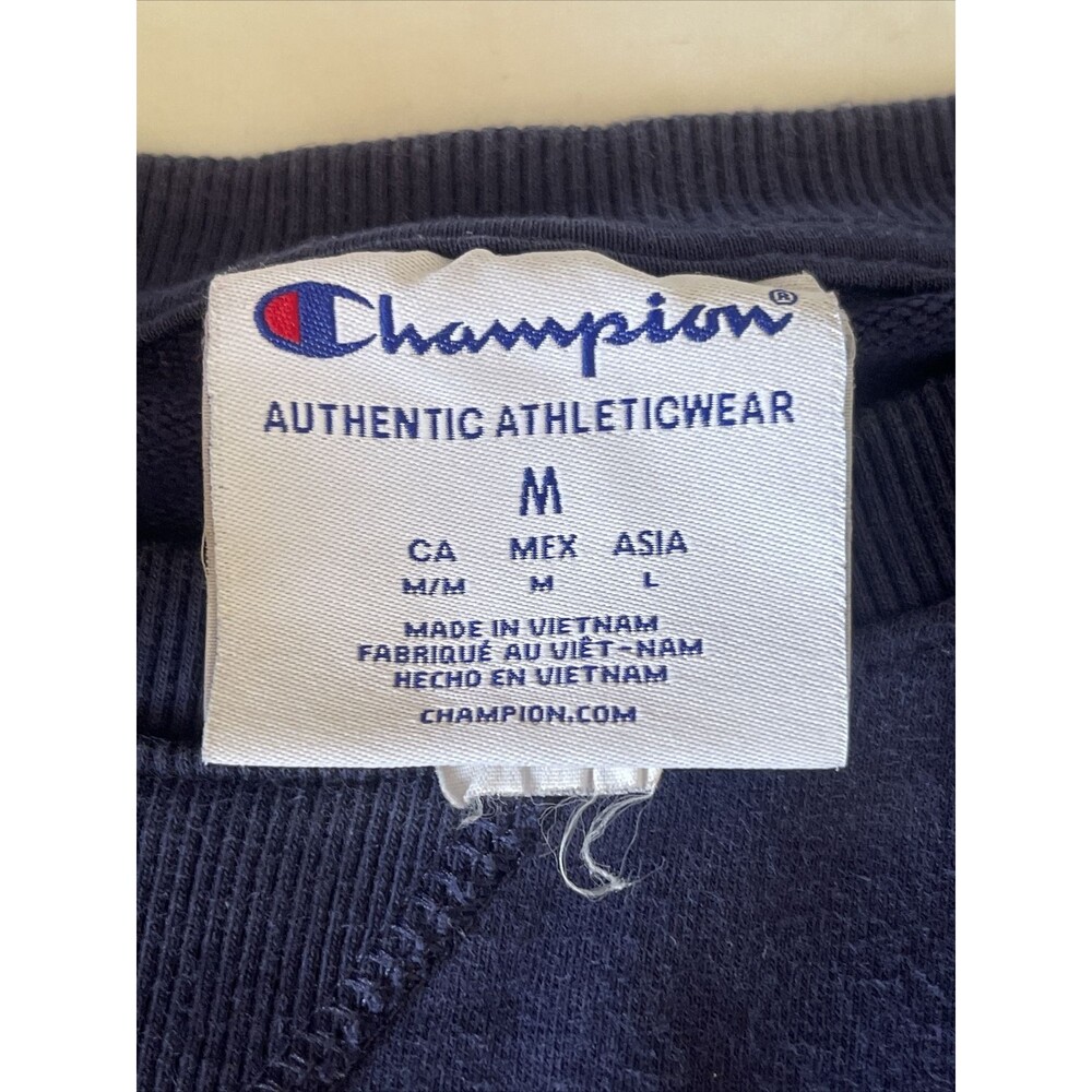 Champion Heritage Crewneck Sweatshirt Navy Blue Spellout Sleeve Stripe Sz Medium - Picture 7 of 13